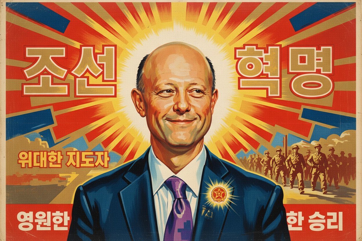 Propaganda poster portrait of Supreme Leader Jeremy in front of a golden sunburst